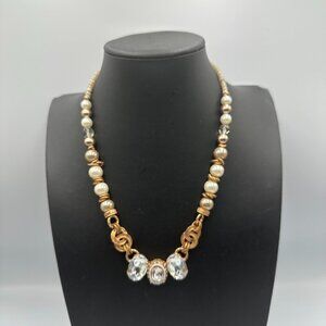 Elisabetta Ricciardi Necklace Rose Gold Tone Faux Pearl Clear Crystal Beaded 16"